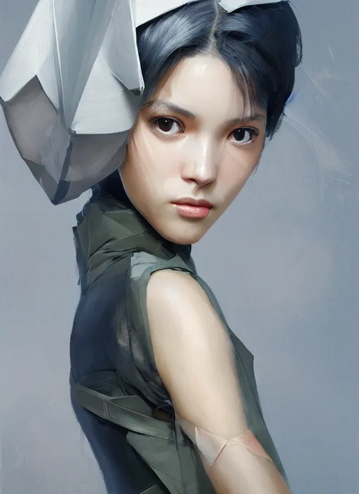 Prompt: a professional painting of a beautiful young female, wearing an origami kimono, olive skin, long dark hair, beautiful bone structure, symmetrical facial features, intricate, elegant, digital painting, concept art, smooth, sharp focus, illustration, from Metal Gear, by Ruan Jia and Mandy Jurgens and Artgerm and William-Adolphe Bouguerea