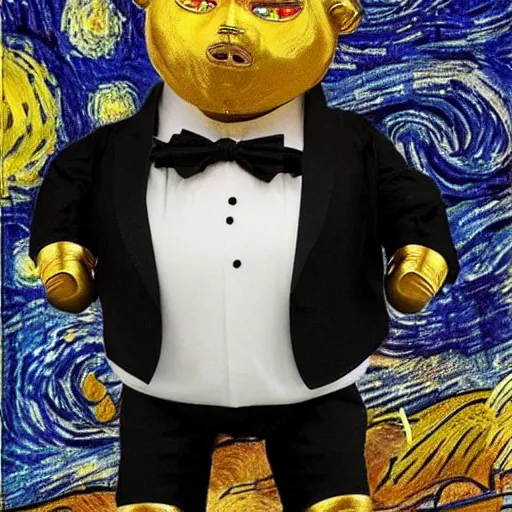 Prompt: in the style of starry night, a tuxedo for a big man with small legs, heart shaped goden mask with white lights for eyes.