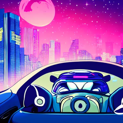 Image similar to a tardigrade driving a car, miami, nighttime, synthwave, detailed,