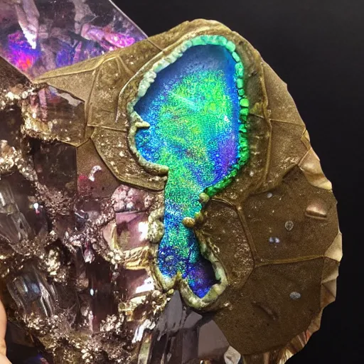Image similar to a dinosaur skeleton on a iridescent crystal cracked geode