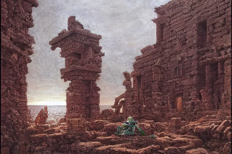 Prompt: a tiny robot!!! discovers the ruins of a partly submerged temple to the elder gods, golden hour, dramatic lighting, fluid, smooth, bright, colours, high contrast, sharpness, very detailed, intricate, by donato giancola, gustave dore and junji ito and caravaggio