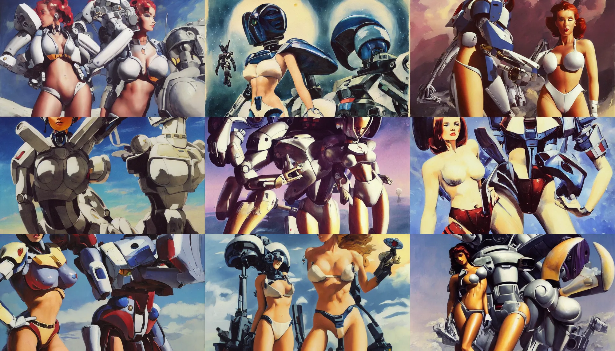 Prompt: A mixed media portrait painting of a beautiful woman an alien planet repairing a gundam head, very curvy, aesthetic! high-waisted white-bikini-armor and boots, holding a ray-gun, aesthetic symmetrical face and eyes, model, wet, discarded mechsuit in background, by Frank Frazetta, Boris Vallejo, Beeple, Greg Rutkowski, Christian MacNevin, eighties-pinup style, epic fantasy character art, high fantasy, CGsociety, exquisite detail, post-processing, masterpiece, cinematic