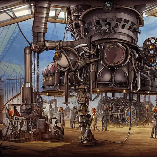 Prompt: digital art of workers working on a gigantic steampunk machine that creates robot elephants, art station