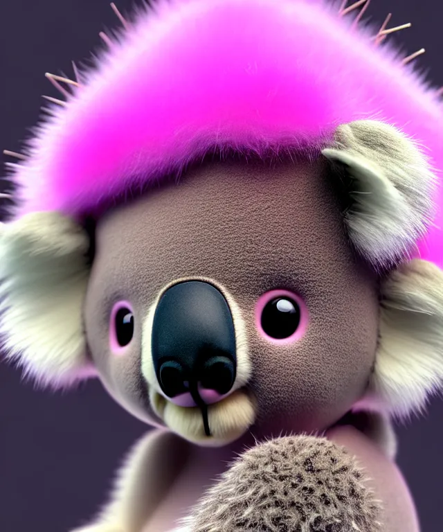 Image similar to high quality 3 d render hyperrealistic very cute small koala smoking weed, plush mascot, short spiky dense fluffy smooth hair, photo from the side, pink fluffy fur, 1 5 0 mm, beautiful natural soft light, rim light, vray, smooth background, artstation, ultra detailed