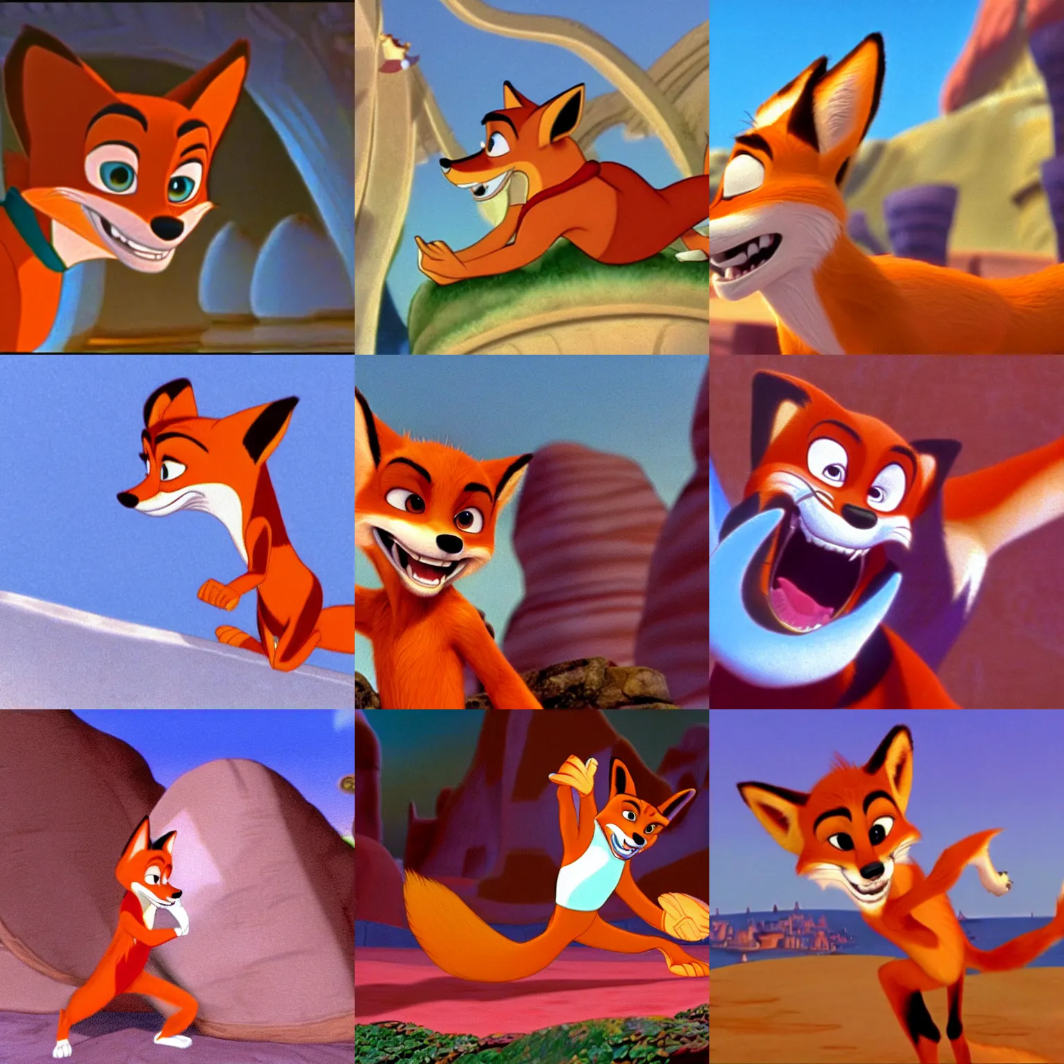 Prompt: nick wilde the fox in disney's aladdin ( 1 9 9 2 ), animation still