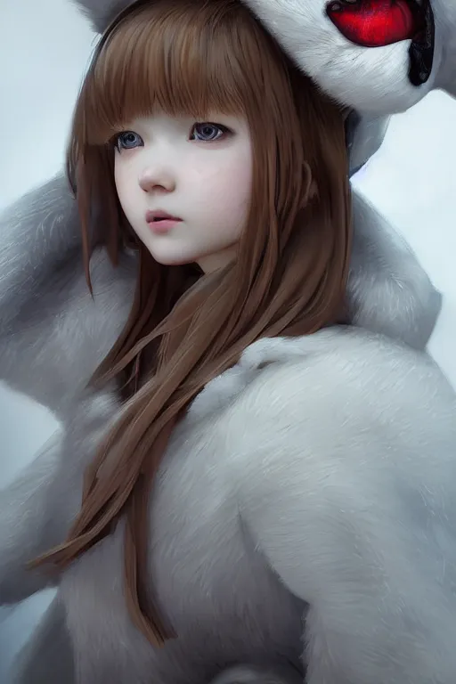 Image similar to complicated dynamic composition,realistic style at CGSociety by WLOP,ilya kuvshinov,krenz cushart ,Greg Rutkowski, trending on artstation. Zbrush sculpt colored, Octane render in Maya and Houdini VFX,realistic close-up face of cute young blonde girl, wearing a polar bear costume, deep eyes, Amazing textured brush strokes, studio lighting.