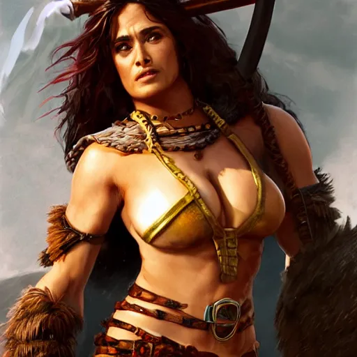 Prompt: salma hayek as a barbarian warrior, au naturel, hyper detailed, digital art, trending in artstation, cinematic lighting, studio quality, smooth render, unreal engine 5 rendered, octane rendered, art style by klimt and nixeu and ian sprigger and wlop and krenz cushart.