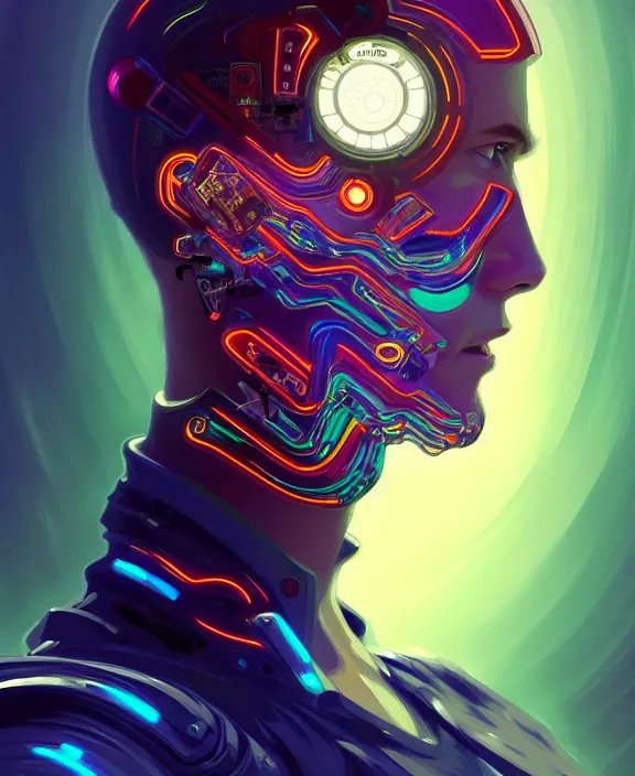 Image similar to a whirlwind inside the metaverse, guy, male, man, hologram, half body, neurochip, android, cyborg, cyberpunk face, by loish, d & d, fantasy, intricate, elegant, highly detailed, colorful, digital painting, artstation, concept art, art by artgerm and greg rutkowski and alphonse mucha