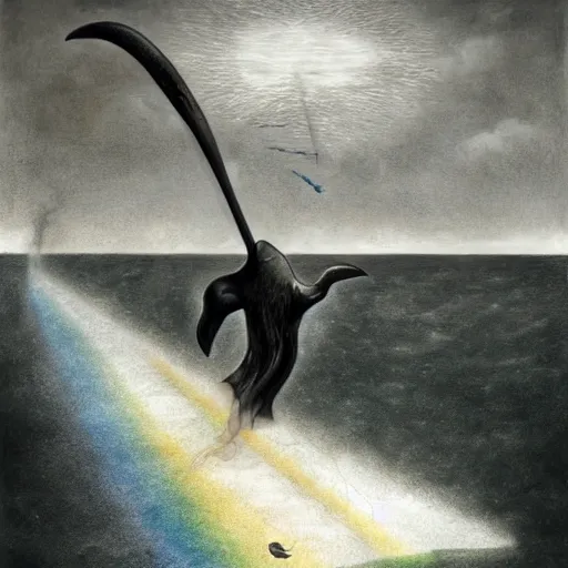 Prompt: the grim reaper on the back of a dolphin that is jumping over a rainbow, by santiago caruso,