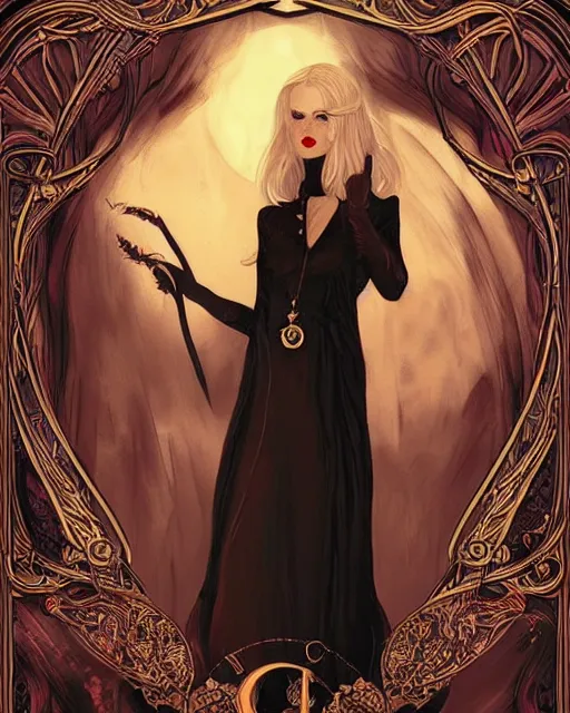 Image similar to tarot, art nouveau border, beautiful wicked female occultist, sweeping ombre blonde hair, red eyes, black velvet dress, dark colors, magic Amulet, raven, fantasy painting, trending in Artstation, GSociety, by Charlie Bowater, Brom, Bastien Lecouffe-Deharme