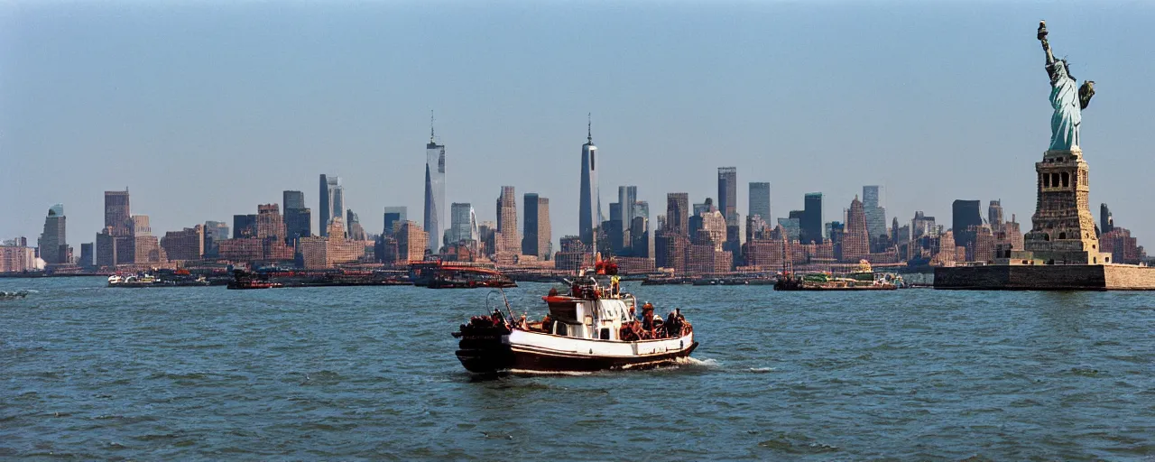 Image similar to a boat carrying spaghetti in new york, the statute of liberty in the background, canon 8 0 mm, photography, film, kodachrome