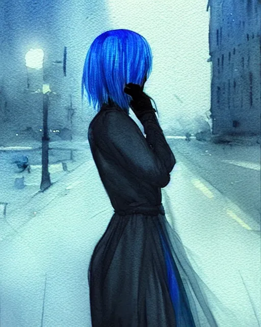Prompt: watercolor painting of a pretty girl with Blue hair, wearing a Black lace dress, night city. In the style of ilya kuvshinov, dramatic lighting, fantasy, intricate, elegant, highly detailed, lifelike, photorealistic, digital painting, bokeh, HDR, high resolution, artstation, concept art, smooth, sharp focus, art by Krenz Cushart and Albert Aublet