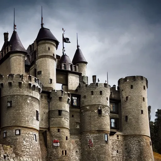 Prompt: photo of a metal medieval castle with machines guns on top of the walls