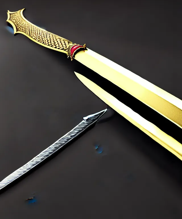 Image similar to very large detailed long sword, proportional image, clean background, 3 d octane render, blade, sharp, gold, gems,