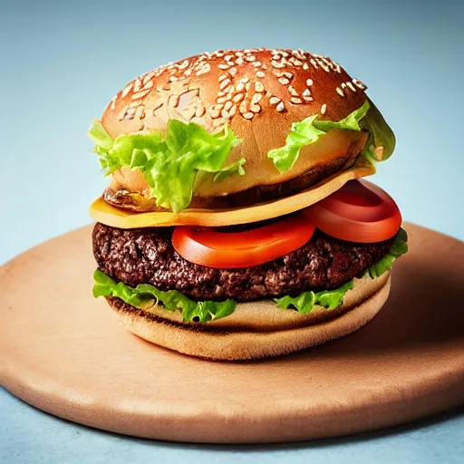 Image similar to hamburger with cheese running down bun, hyper realistic, award winning food photography