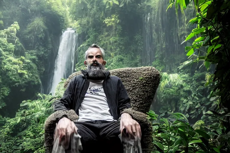 Image similar to movie closeup young man with a grey beard in a cyberpunk suit sitting on a futuristic chair at the edge of a jungle waterfall 8 5 mm by emmanuel lubezki