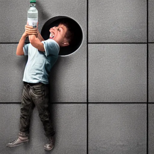 Prompt: tiny man trapped in a bottle pounding on walls trying to get out