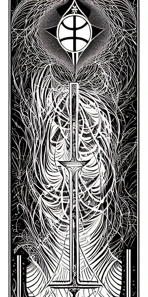 Prompt: a beautiful fractal tarot card featuring bold occult imagery with clean lines