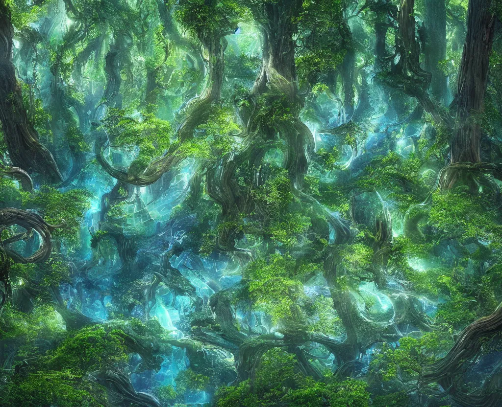 Image similar to enchanted magical illumined twisty swirly watery ( next level ) giant redwood forest. spells. runes. 8 k. uhd. octane render. highly elegant, detailed. harmonic composition. epic composition. hd.