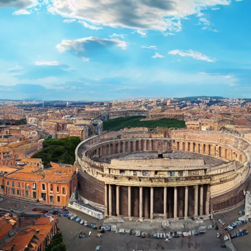 Image similar to realistic photo of a city that resembles rome during the height of the Roman Empire, 8k, wide shot, clear blue sky