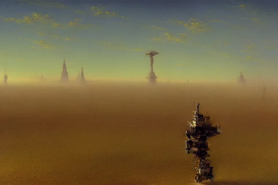 Image similar to sci-fi painting of a large alien city on the vast wheat fields, the closed back view of only one humanoid robot on the ground, by Ivan Aivazovsky, godrays, detailed