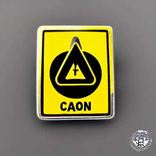 Image similar to a diamond enamel pin depicting a caution hazard label, smooth curves