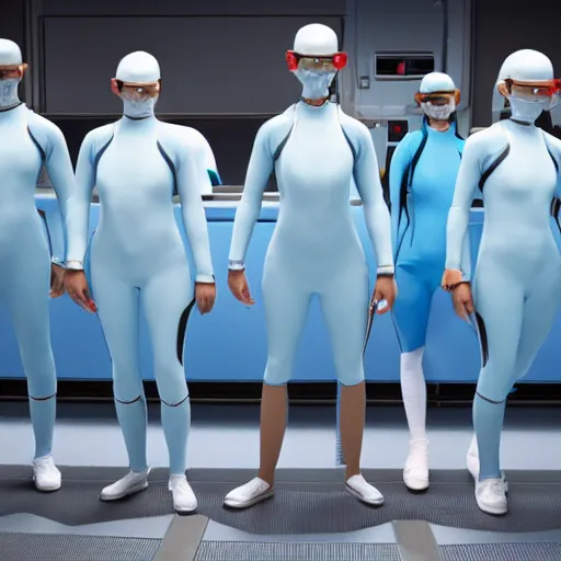 Image similar to group of identical athletic humans with light blue neoprene suits and white hair standing in a line on a conveyor belt, background of advanced futuristic laboratory, sci - fi, highly detailed, hyperrealistic