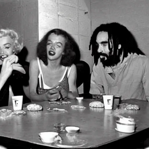 Image similar to Marilyn Monroe, Bob Marley and Charles Manson eating donuts in a cafe.