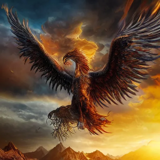 Prompt: photorealistic powerful phoenix rises from ashes, face like an eagle, wings made of fire, fierce and majestic look, eyes made of fire, hype realistic, 3 d, hyper detailed, complex and intricate, photorealistic, ultra quality, epic, cinematic, magic, in landscape photography by marc adamus, glacial lake, sunset, dramatic lighting, mountains, clouds, beautiful