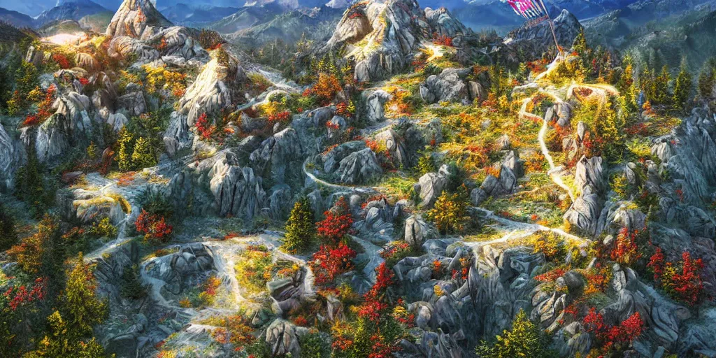 Prompt: from every mountainside, let freedom ring. ultrafine highly detailed hyper realistic colorful illustration, unreal engine highly rendered, global illumination, radiant light, intricate and detailed environment