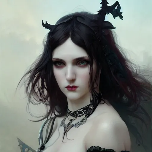 Image similar to a giant attractive goth girl, cute, intricate, highly detailed, digital painting, artstation, concept art, smooth, sharp focus, illustration, unreal engine 5, 8 k, art by artgerm and greg rutkowski and alphonse mucha