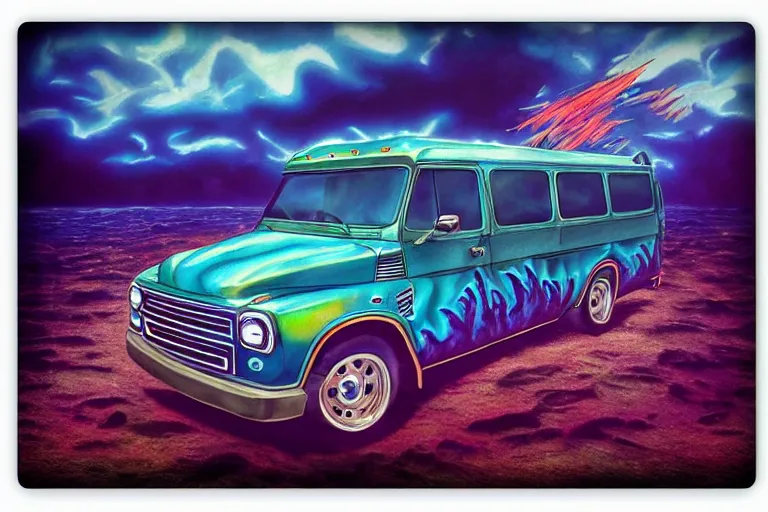 Image similar to a photo of a dark blue metallic 1 9 7 2 chevy g 1 0 panel van with an awesome airbrushed scene of a monster made of colorful coral reef emerging from the sea, 8 0 s synthwave, airbrushed, trapper keeper, lightning, explosions, creature design, monster, dinosaur