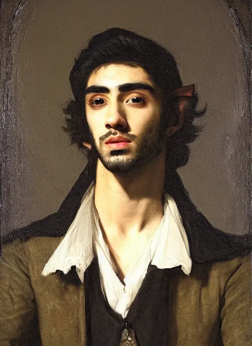 Prompt: portrait of zayn malik as an elf by valentin de boulogne, only one head single portrait, pointy ears, wearing a black leather napoleonic military jacket