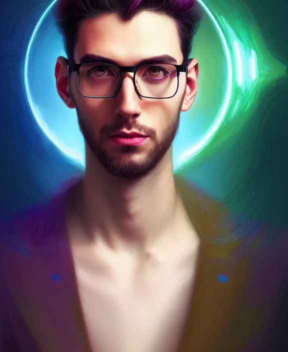 Prompt: a whirlwind inside the metaverse, guy, male, man, glasses, hologram, half body, neurochip, android, cyborg, cyberpunk face, by loish, d & d, fantasy, intricate, elegant, highly detailed, colorful, digital painting, artstation, concept art, art by artgerm and greg rutkowski and alphonse mucha