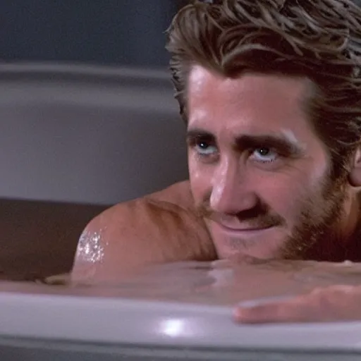 Image similar to a movie poster of Jake Gyllenhaal as patrick Swayze sitting in a hot tub in the movie Road House