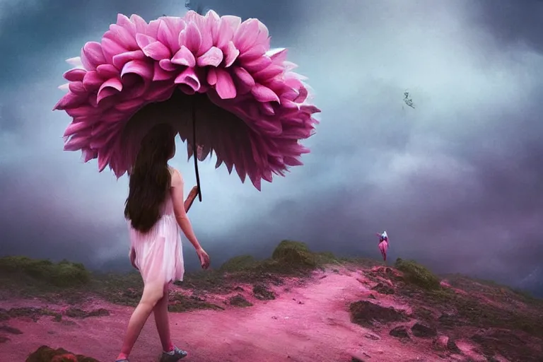 Image similar to giant dahlia flower crown under head, girl walking on mountain, surreal photography, pink and grey storm clouds, dramatic light, impressionist painting, digital painting, artstation, simon stalenhag