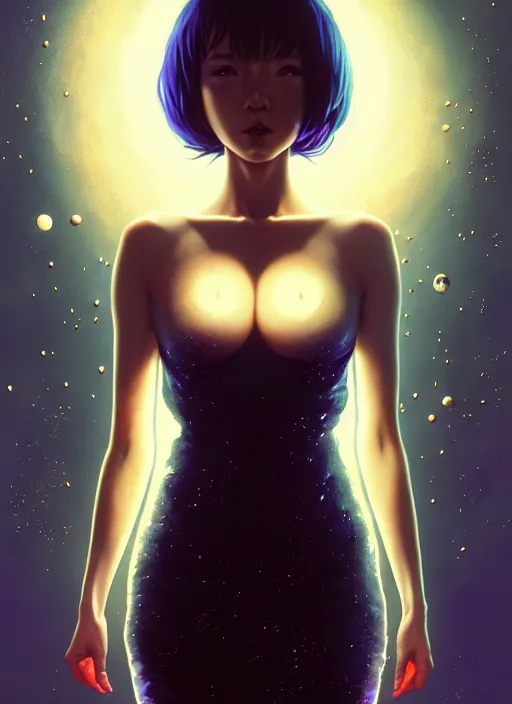 Image similar to azathoth girl wearing a dress made of milky way, full body, occlusion shadow, specular reflection, rim light, unreal engine, artgerm, artstation, art by hiroaki samura and ilya kuvshinov and ossdraws, intricate, highly detailed 8 k, fantasy illustration, extremely beautiful and aesthetic shape of face and body