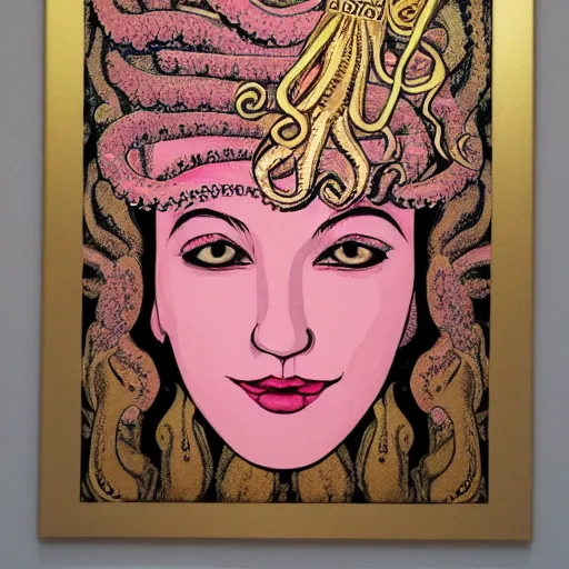 Image similar to queen of octopus, portrait, pink and gold, nouveau, beautiful