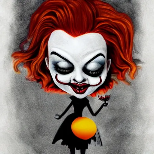 Image similar to grunge cartoon painting of margot robbie with a wide smile and a red balloon by chris leib, loony toons style, pennywise style, corpse bride style, horror theme, detailed, elegant, intricate