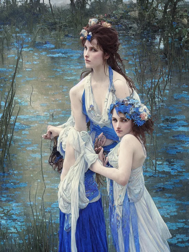 Image similar to detailed painting of two sad brides standing in the river, gloomy, cobalt blue gemstones floating in the river, art by greg rutkowski and alphonse mucha