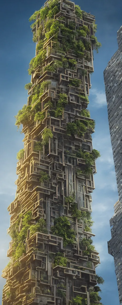 Image similar to epic eye level view of a contemporary tower, golden intricate details, golden facade, sacred architecture, hanging gardens, cascading highrise, arid mountains with lush palm forest, photorealistic, sunlight, 8 k, post - production, octane, cgi, sfx