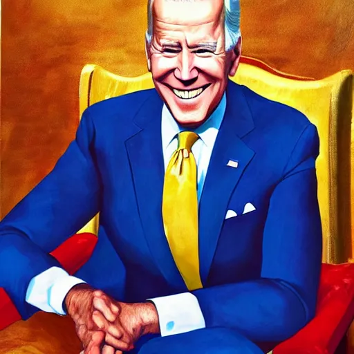 Prompt: a potrait of joe biden, he is wearing a golden crown, he is wearing a blue outfit with yellow stars across it, hyper realistic painting, high detail, thick brush strokes, visible paint layers.