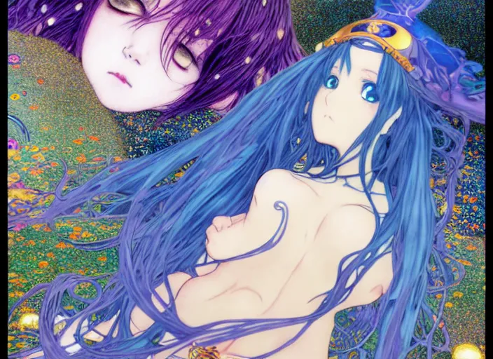 Prompt: Sorceress, Magic, Kyoto animation,last exile, blue submarine no. 6, gustav klimt,loish, murata range, kawaii, yoshitaka amano, studio lighting, manga, bright colors, beautiful, 28mm lens, vibrant high contrast, mucha, gradation, jean giraud, fantasy, rule of thirds, fibonacci, intricate, tsutomu nihei