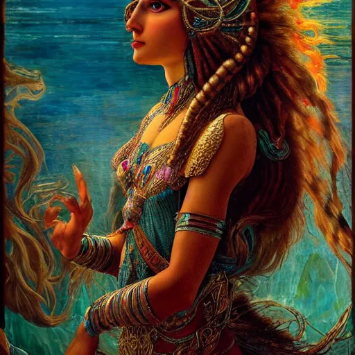 Prompt: artstation, intricate details, hyper details, by gaston bussiere and sandro botticelli, tan skin sumerian mystic lady of elche, egyptian sumerian features, techno mystic princess intergalactica, with aqua neon rapunzel dreadlocks,