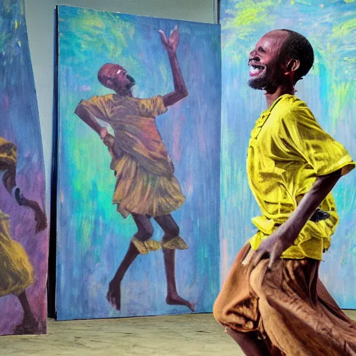 Prompt: east african man dancing inside a large photography studio by himself, intricate details, impressionist painting, figurative painting, happy, dreamy, pastel colors, studio ghibli