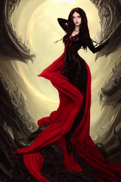 Prompt: Beautiful vampire female princess, black and red silk clothing, levitating above a pit of souls, Full body shot, D&D, fantasy, intricate, elegant, highly detailed, digital painting, artstation, concept art, matte, sharp focus, illustration, hearthstone, art by Artgerm and Greg Rutkowski and Alphonse Mucha