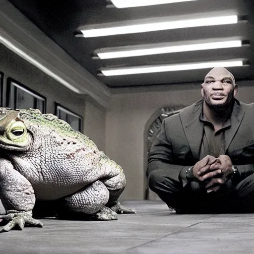 Prompt: a giant toad sitting with mike tyson in a room, from the movie directed by martin scorsese and christopher nolan, masterpiece, 8 h