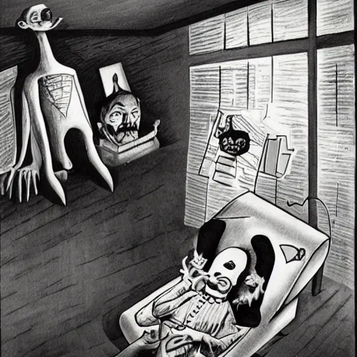 Image similar to the death of captain kangaroo, by charles addams,