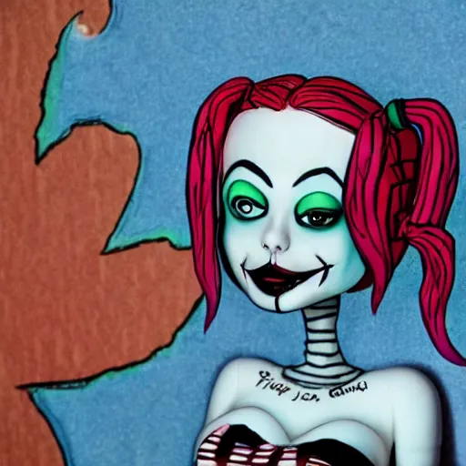 Prompt: Harley Quinn in the style of Tim Burton, Harley Quinn, Claymation, Tim Burton,