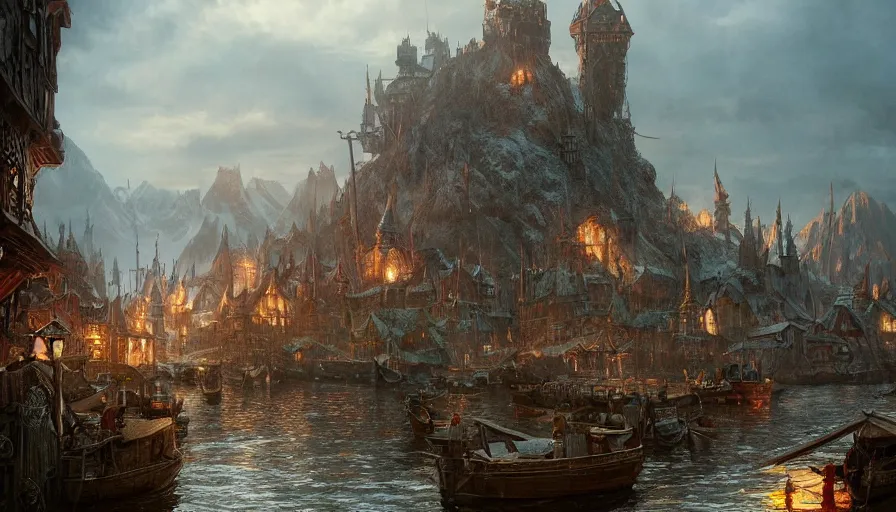 Prompt: a beautiful photo realistic still image of laketown from the movie the hobbit, warm colors, very high details by greg rutkowski, trending on artstation, masterpiece,